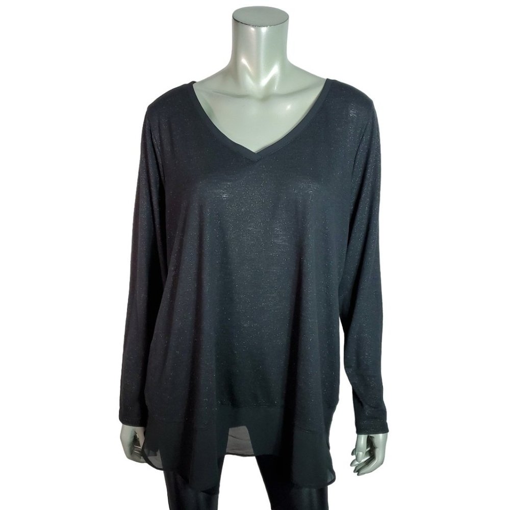 Lane Bryant Top Plus Size 18/20 Metallic Chiffon Hem Stretch Long Sleeve Black